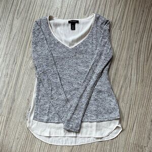White House Black Market Gray and Cream V-Neck Blouse